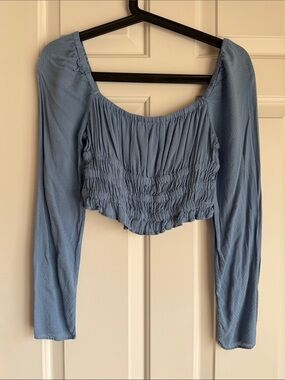 Urban Outfitters Dusty Blue Smocked Long Sleeve Crop Top